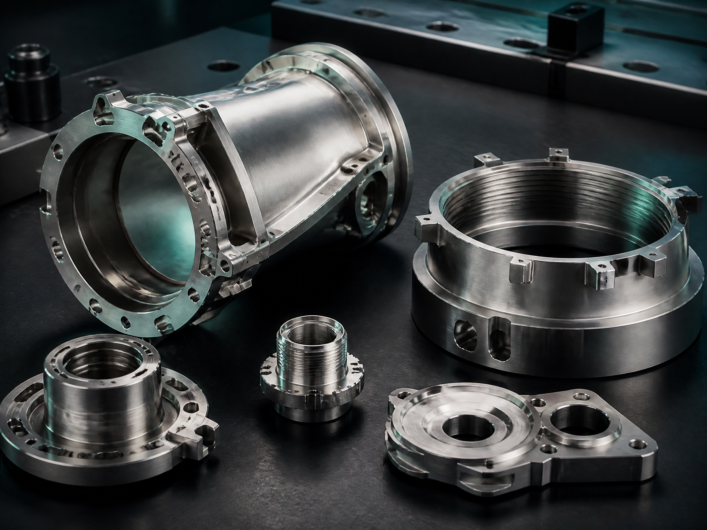 Machined nickel-alloy components showing milled and turned features